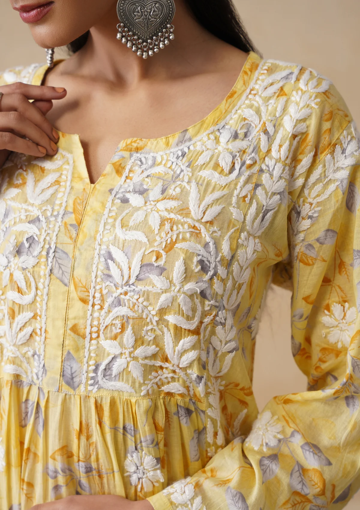 HOC Mulmul Chikankari Printed Women's Long Kurta - Yellow - Image 5