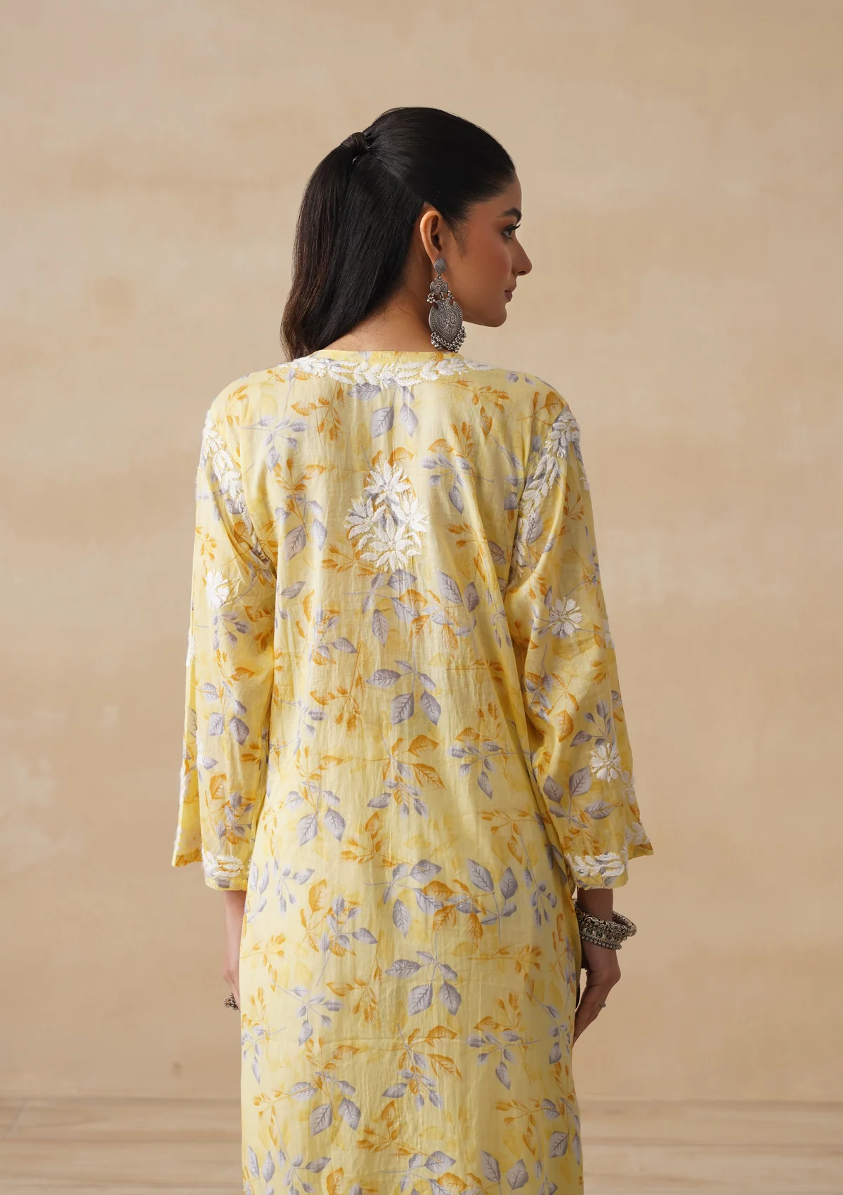 HOC Mulmul Chikankari Printed Women's Long Kurta - Yellow - Image 8