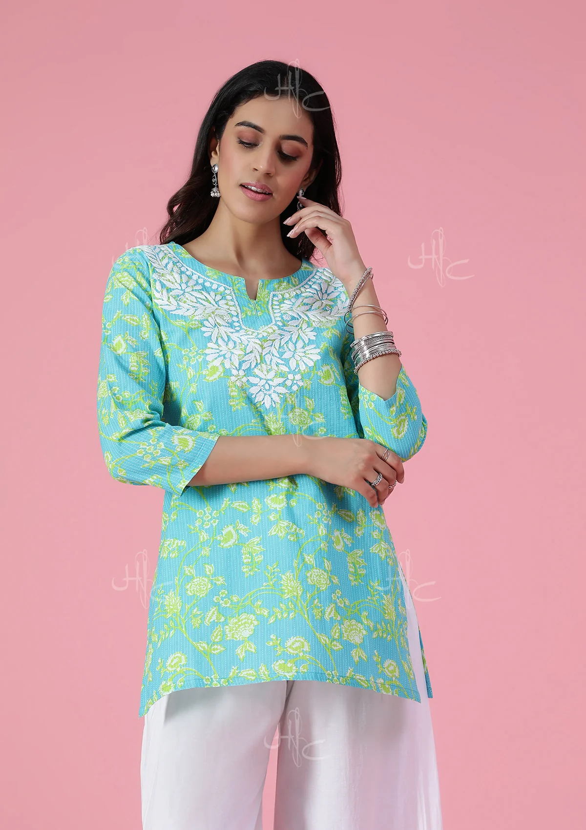 HOC Kantha Cotton Chikankari Printed Women's Short Kurta - Blue - Image 4
