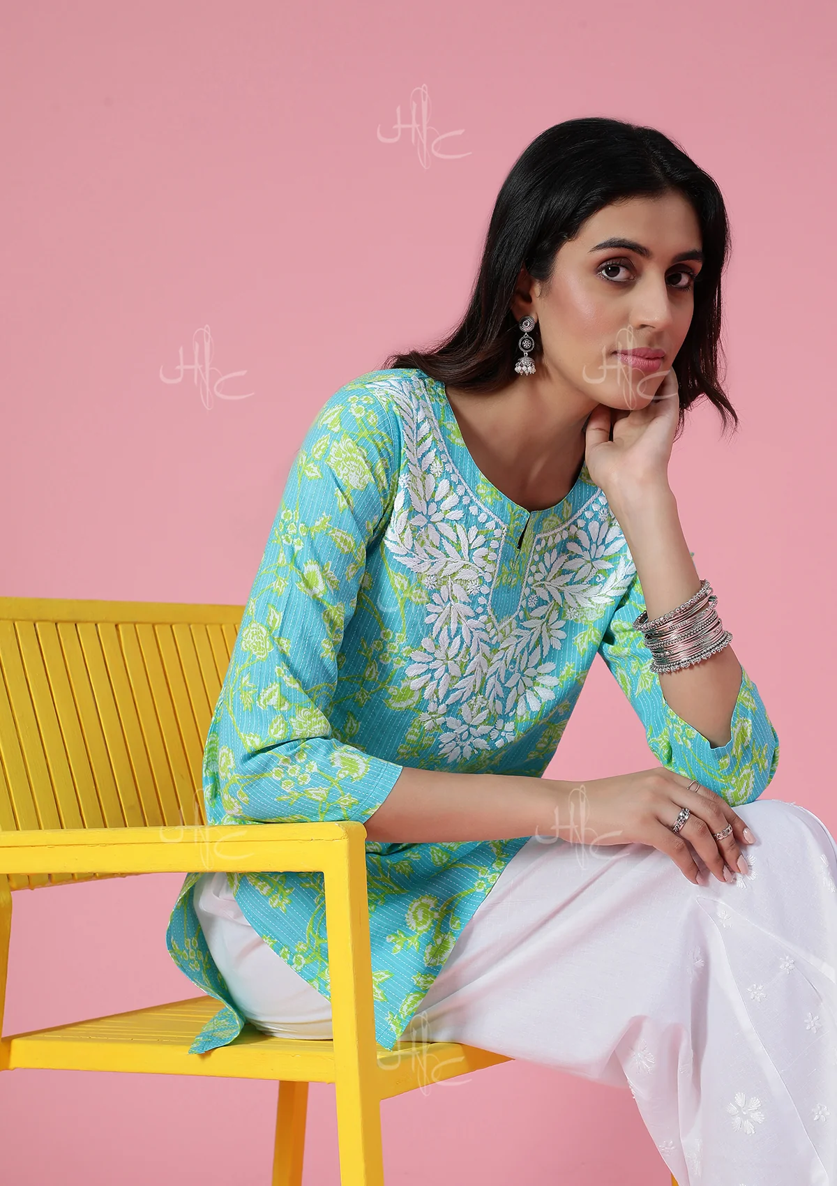 HOC Kantha Cotton Chikankari Printed Women's Short Kurta - Blue - Image 6