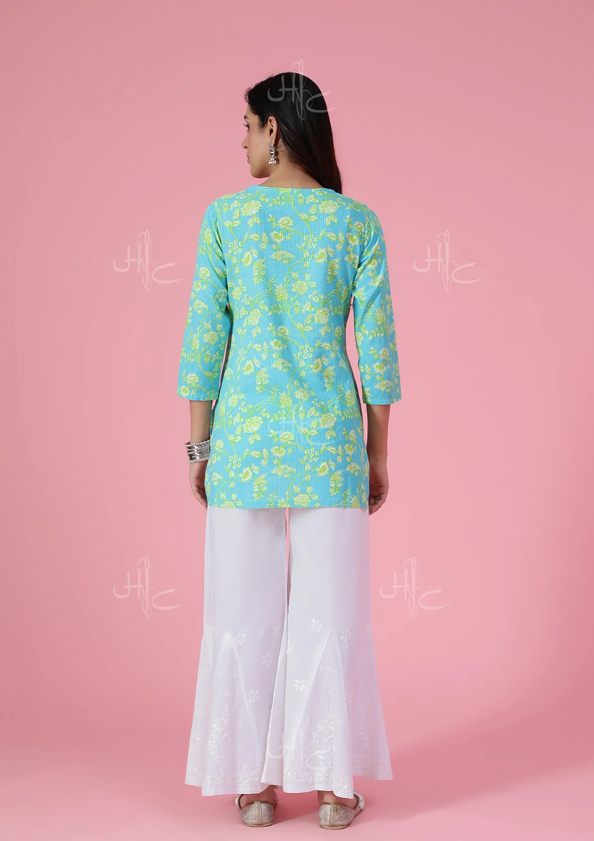 HOC Kantha Cotton Chikankari Printed Women's Short Kurta - Blue - Image 7