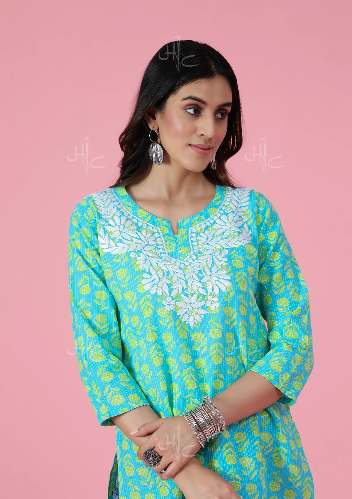 HOC Kantha Cotton Chikankari Printed Women's Short Kurta - Blue - Image 5