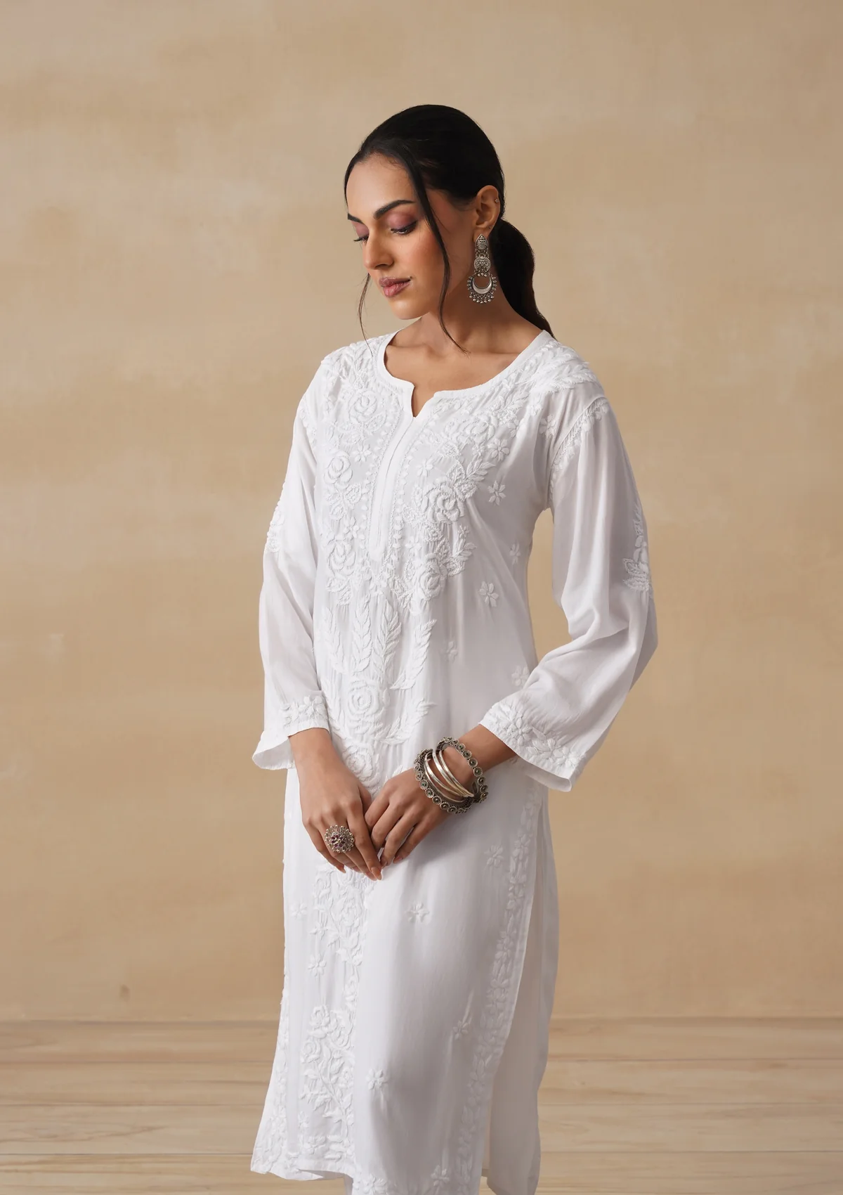 HOC Mulmul Chikankari Solid Women's Long Kurta - White - Image 7