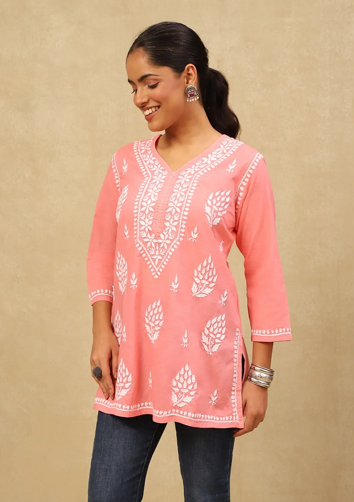HOC Cotton Chikankari Solid Women's Short Kurta - Peach - Image 3