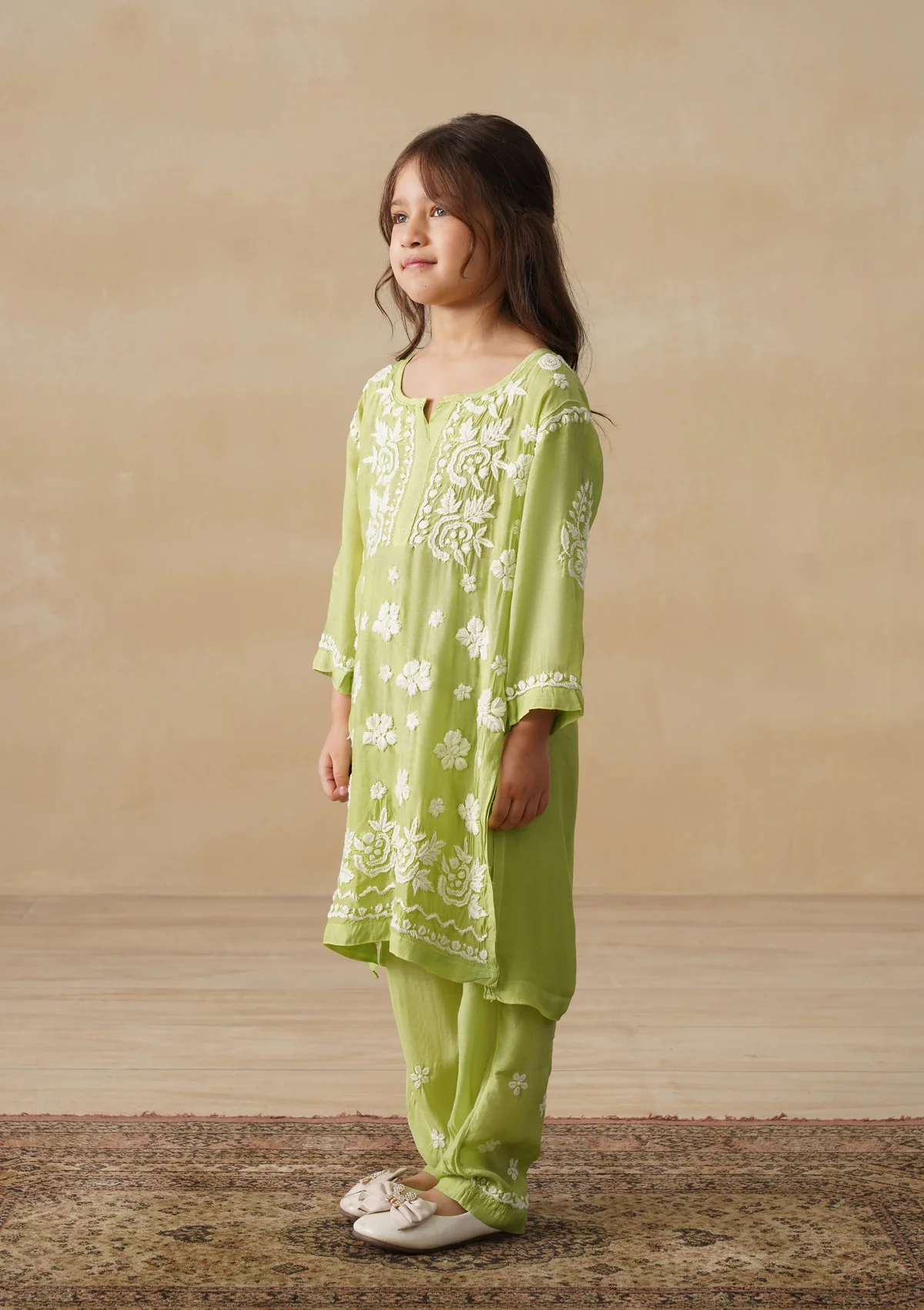 HOC Muslin Chikankari Solid Girls 2 PC Long Kurta Set - Pista green - Image 3