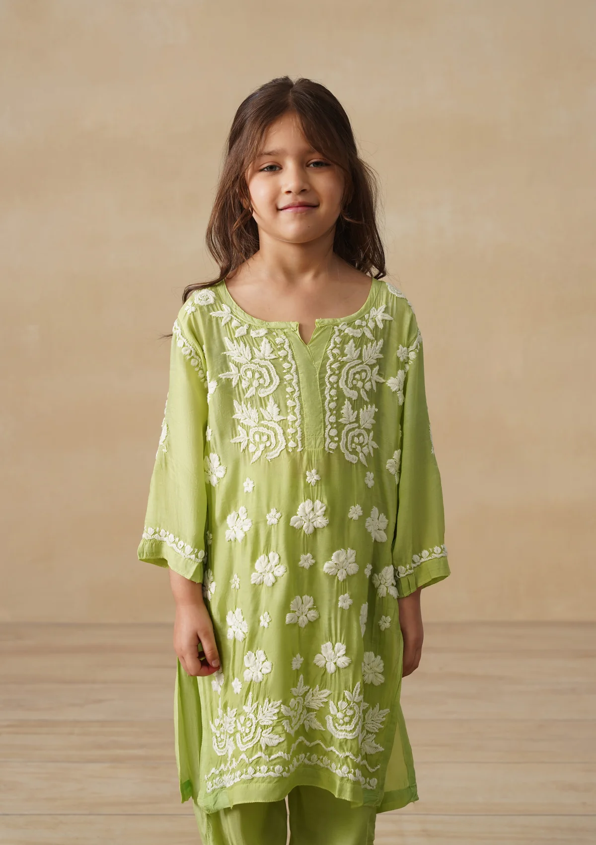 HOC Muslin Chikankari Solid Girls 2 PC Long Kurta Set - Pista green - Image 5