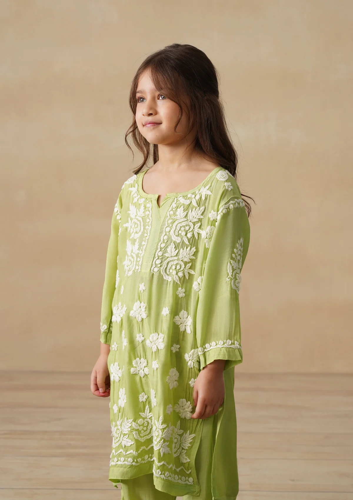 HOC Muslin Chikankari Solid Girls 2 PC Long Kurta Set - Pista green - Image 6