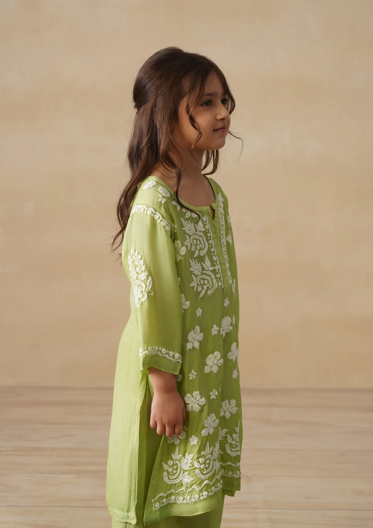 HOC Muslin Chikankari Solid Girls 2 PC Long Kurta Set - Pista green - Image 7
