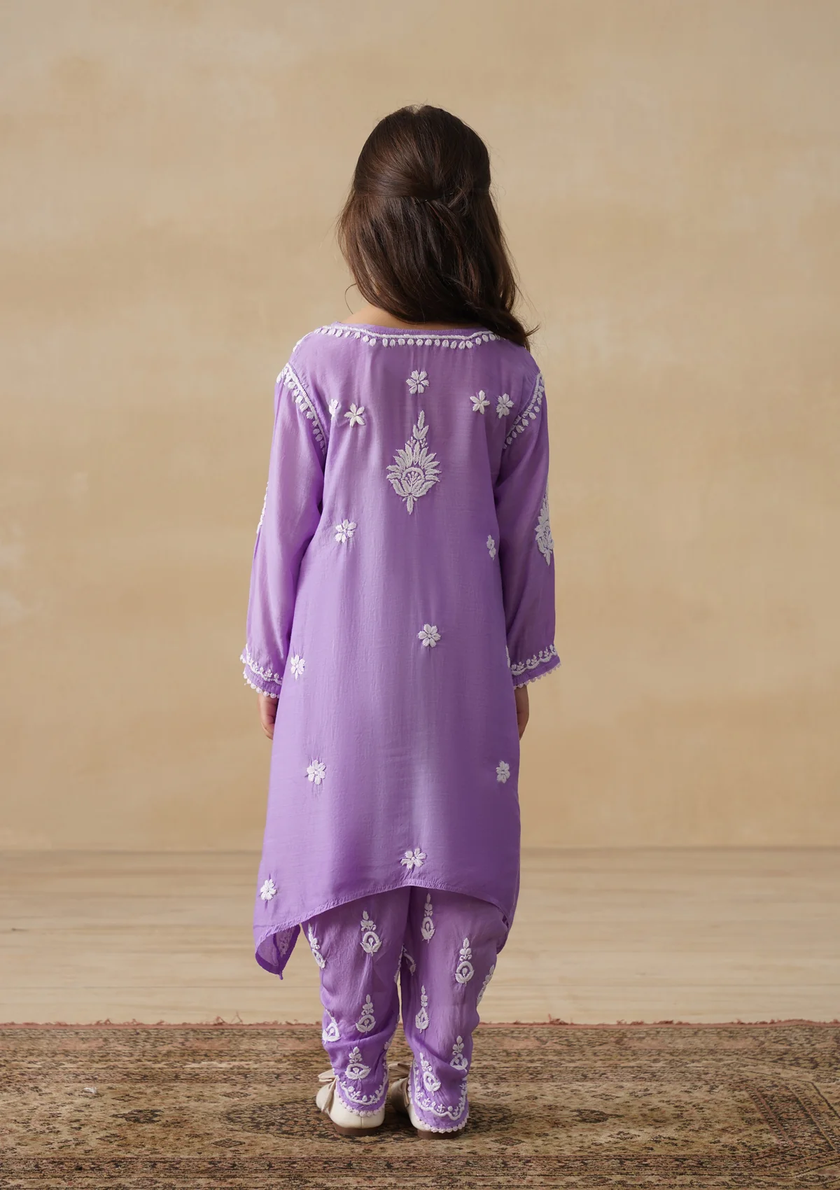 HOC Muslin Chikankari Solid Girls 2 PC Long Kurta Set - Purple - Image 7