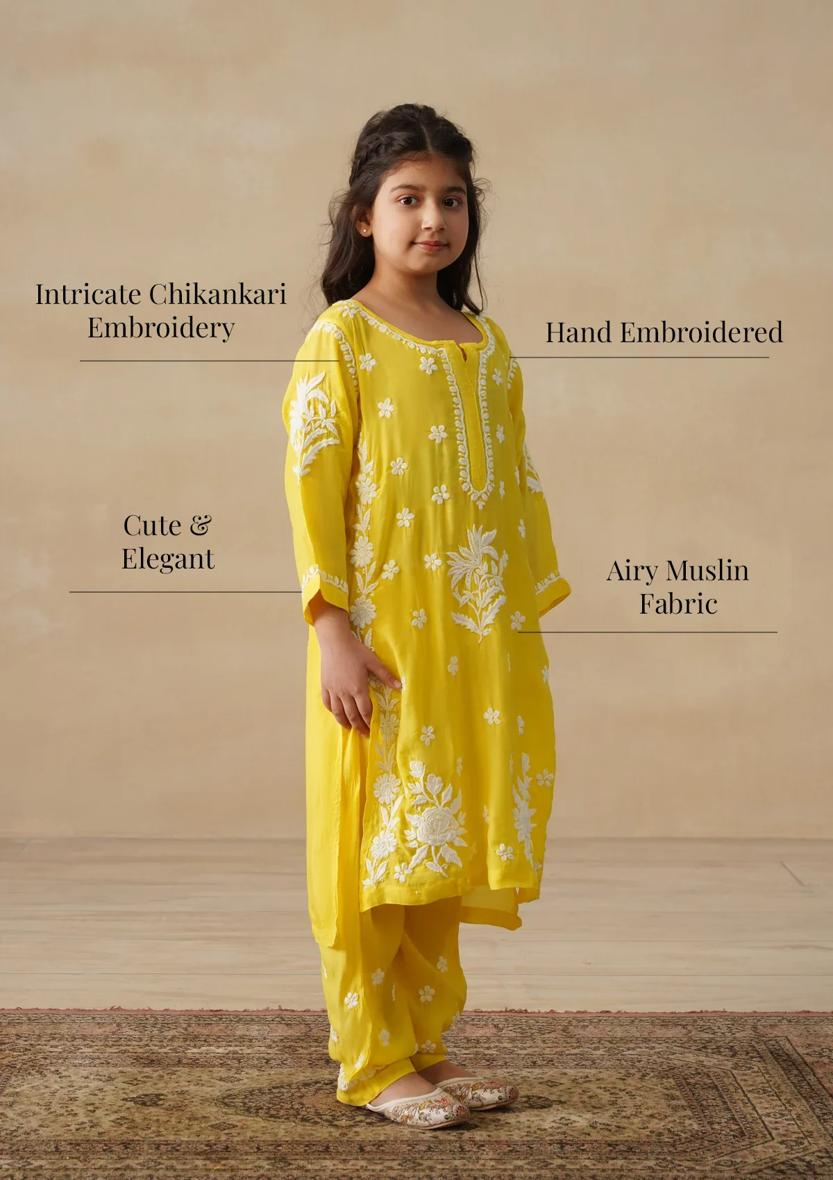 HOC Muslin Chikankari Solid Girls 2 PC Long Kurta Set - Yellow - Image 11