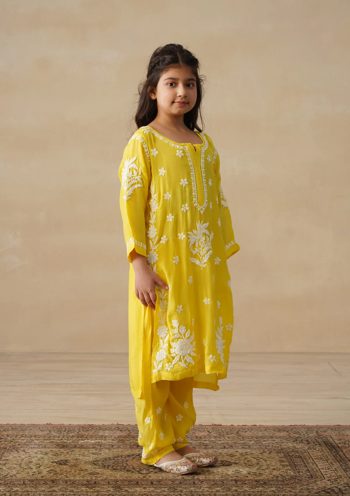 HOC Muslin Chikankari Solid Girls 2 PC Long Kurta Set - Yellow - Image 3
