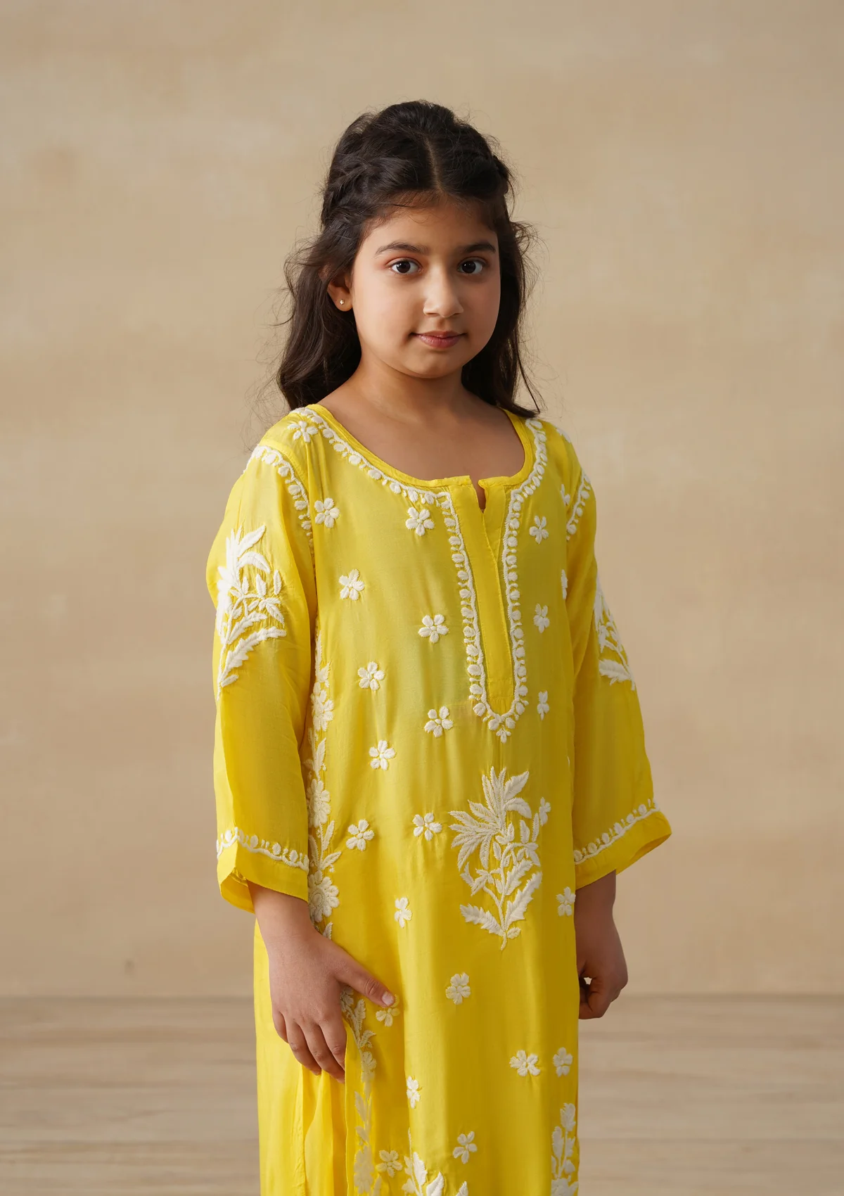 HOC Muslin Chikankari Solid Girls 2 PC Long Kurta Set - Yellow - Image 4