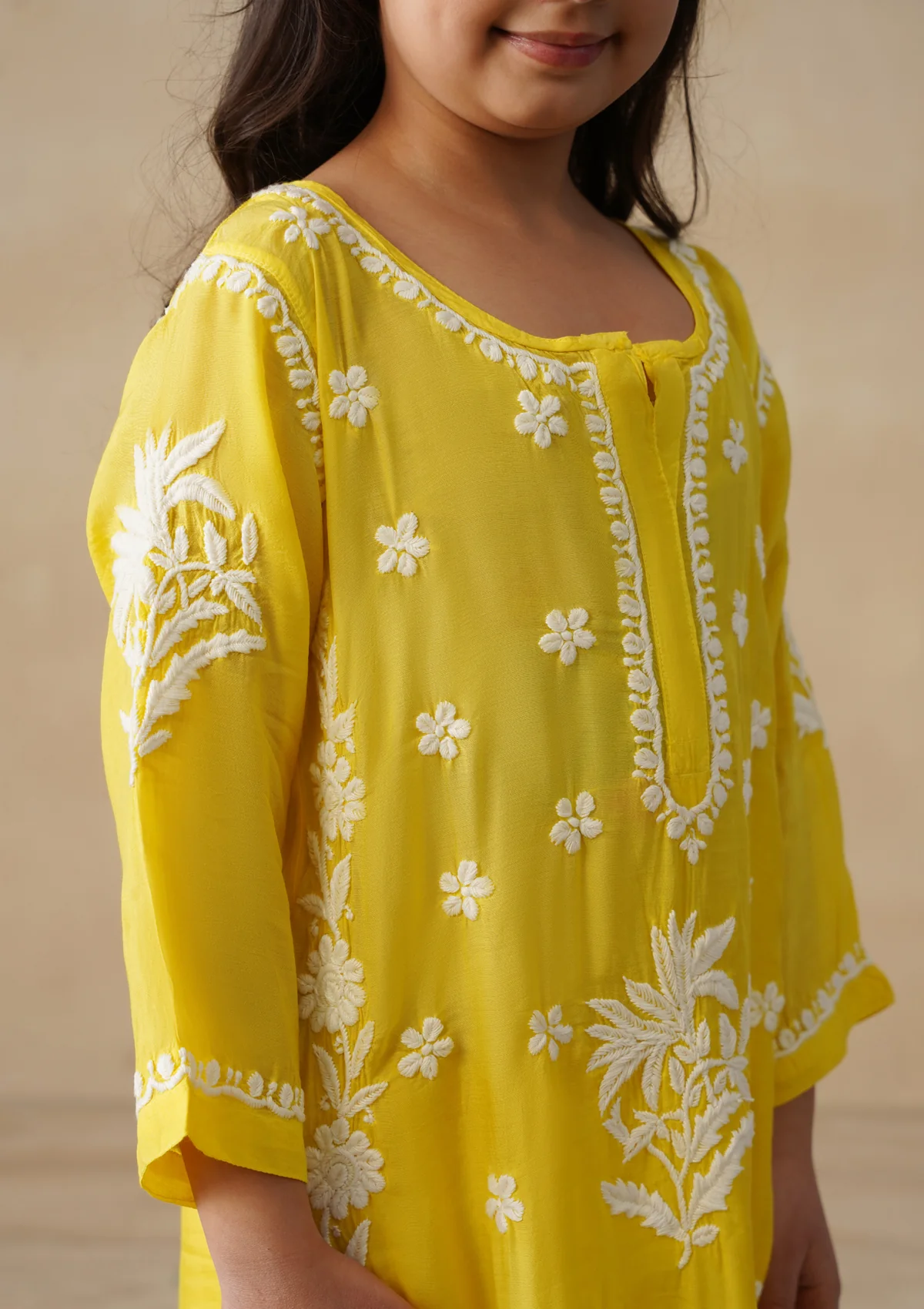 HOC Muslin Chikankari Solid Girls 2 PC Long Kurta Set - Yellow - Image 7