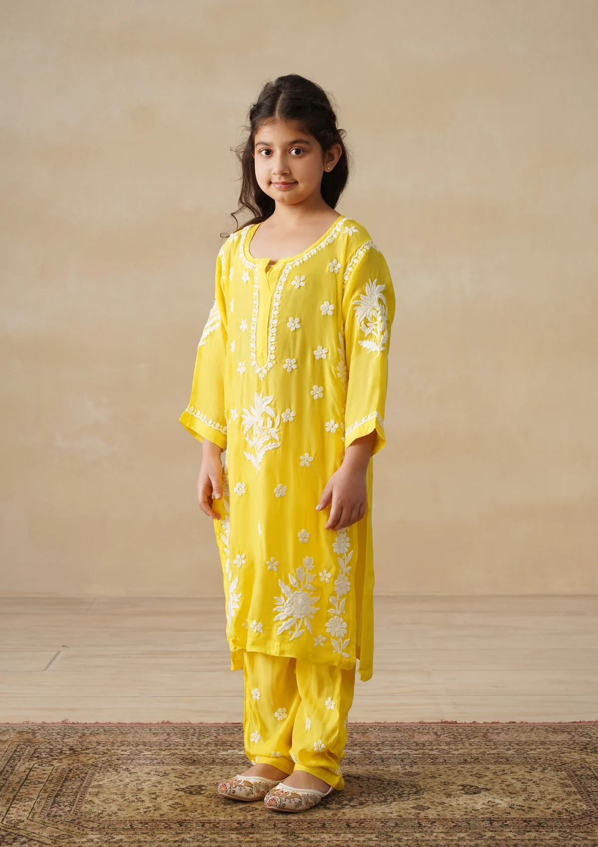 HOC Muslin Chikankari Solid Girls 2 PC Long Kurta Set - Yellow - Image 9