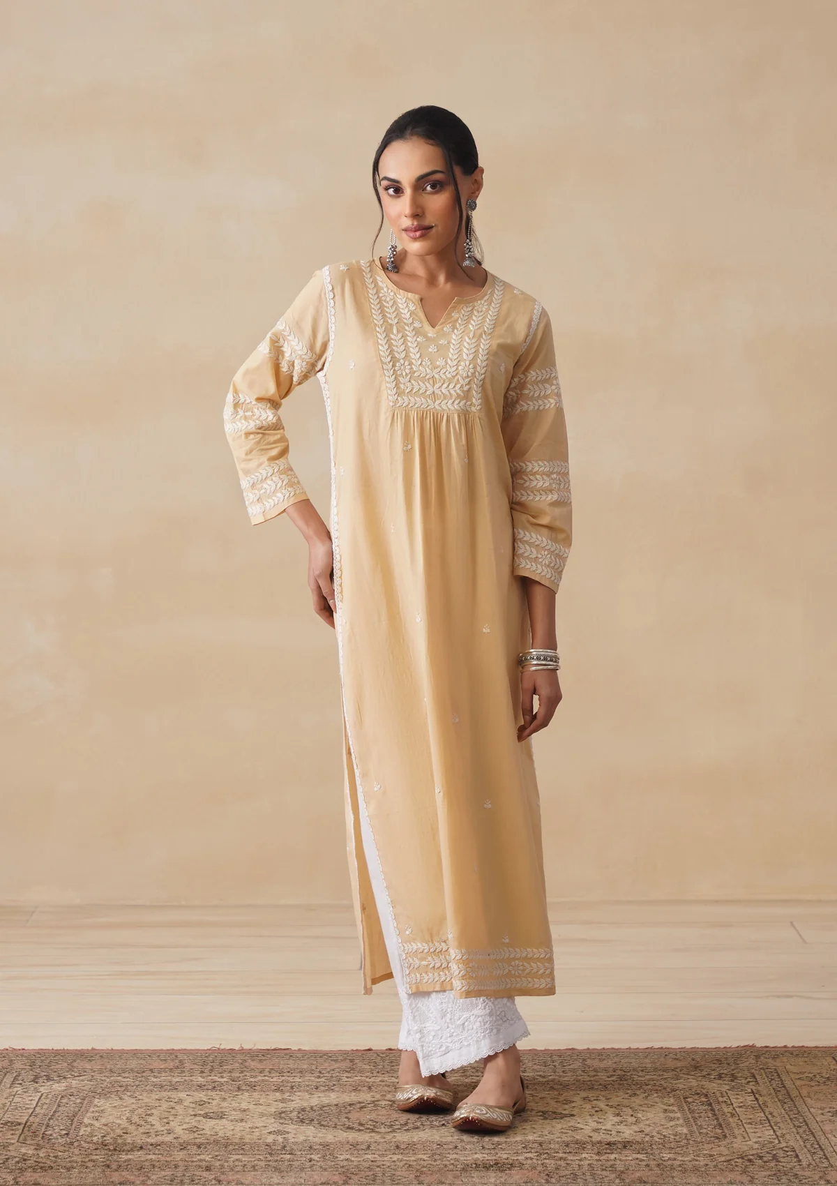 Adila Cotton Chikankari Solid Women's Long Kurta - Beige