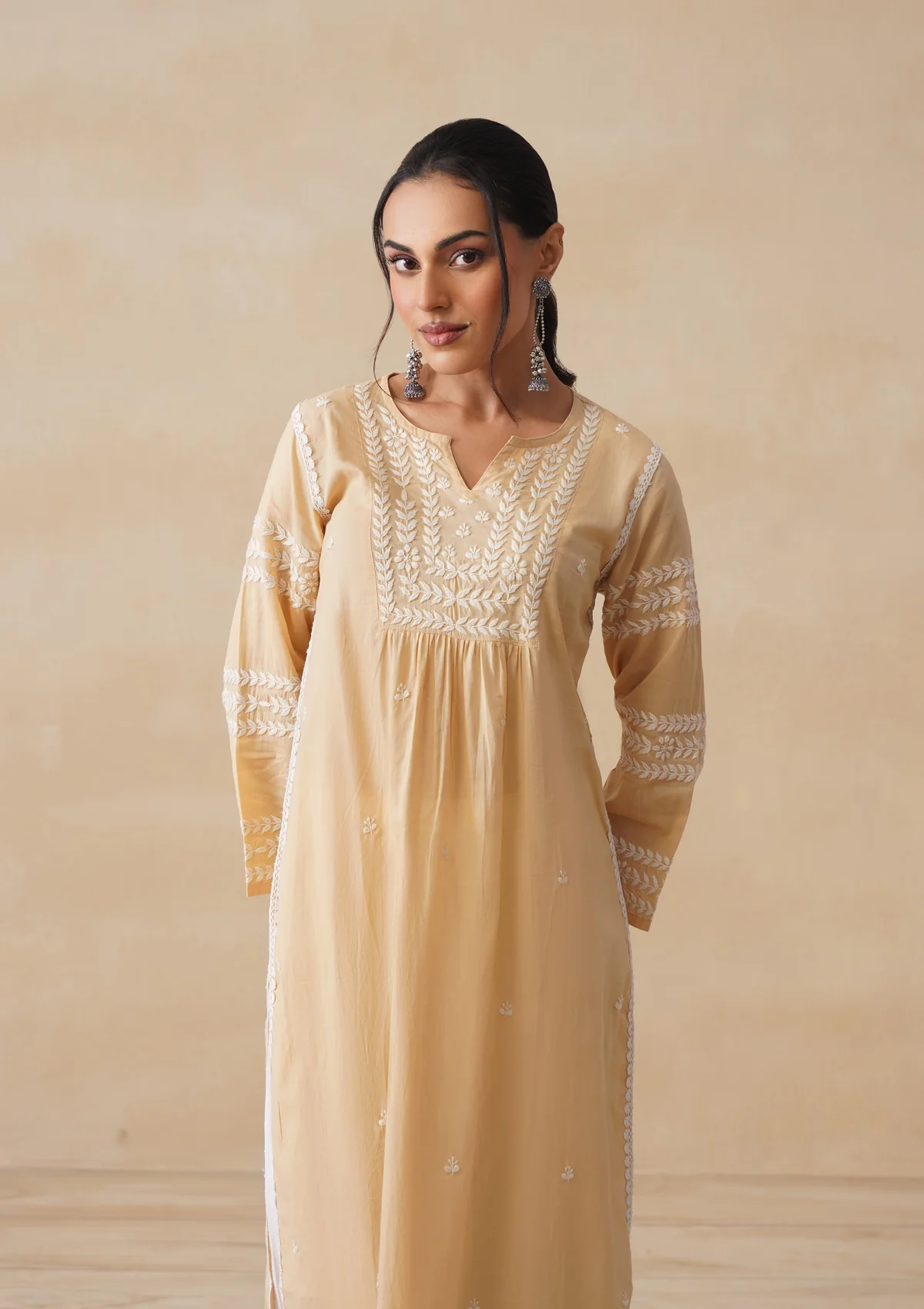 Adila Cotton Chikankari Solid Women's Long Kurta - Beige - Image 2