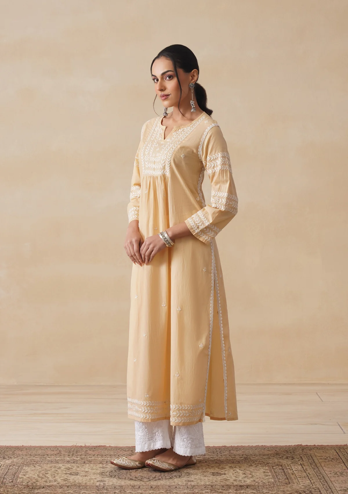 Adila Cotton Chikankari Solid Women's Long Kurta - Beige - Image 3