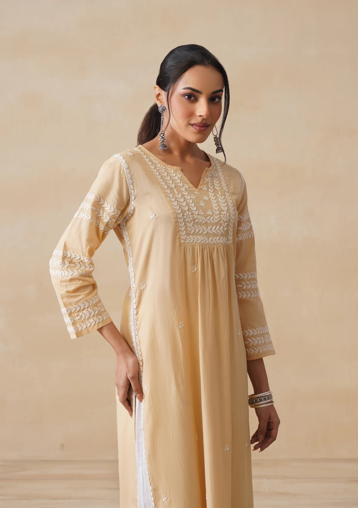 Adila Cotton Chikankari Solid Women's Long Kurta - Beige - Image 5