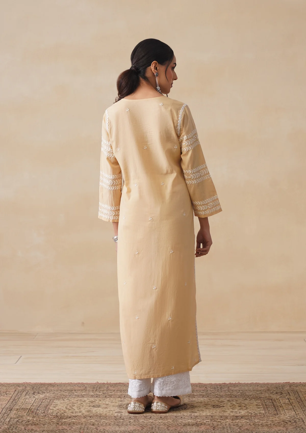 Adila Cotton Chikankari Solid Women's Long Kurta - Beige - Image 9