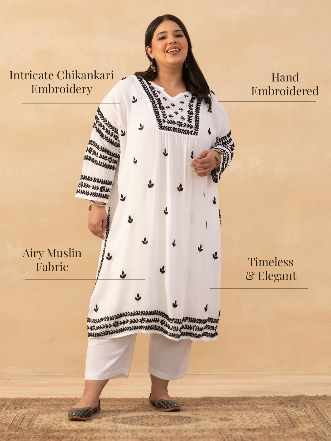 HOC Muslin Chikankari Solid Women's Long Kurta - White - Image 8