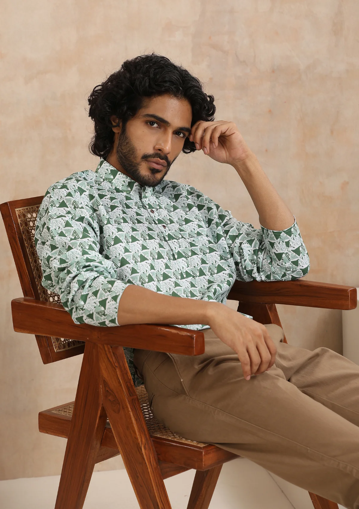 HOC Poly Cotton Printed Men's Short Kurta - Green - Image 5
