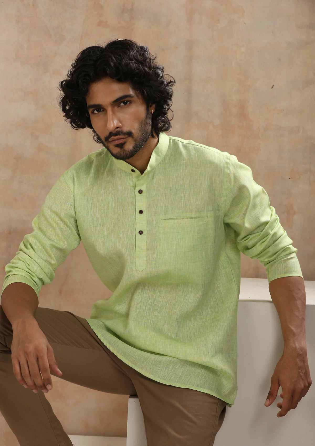 HOC Poly Cotton Solid Men's Short Kurta - Green - Image 3