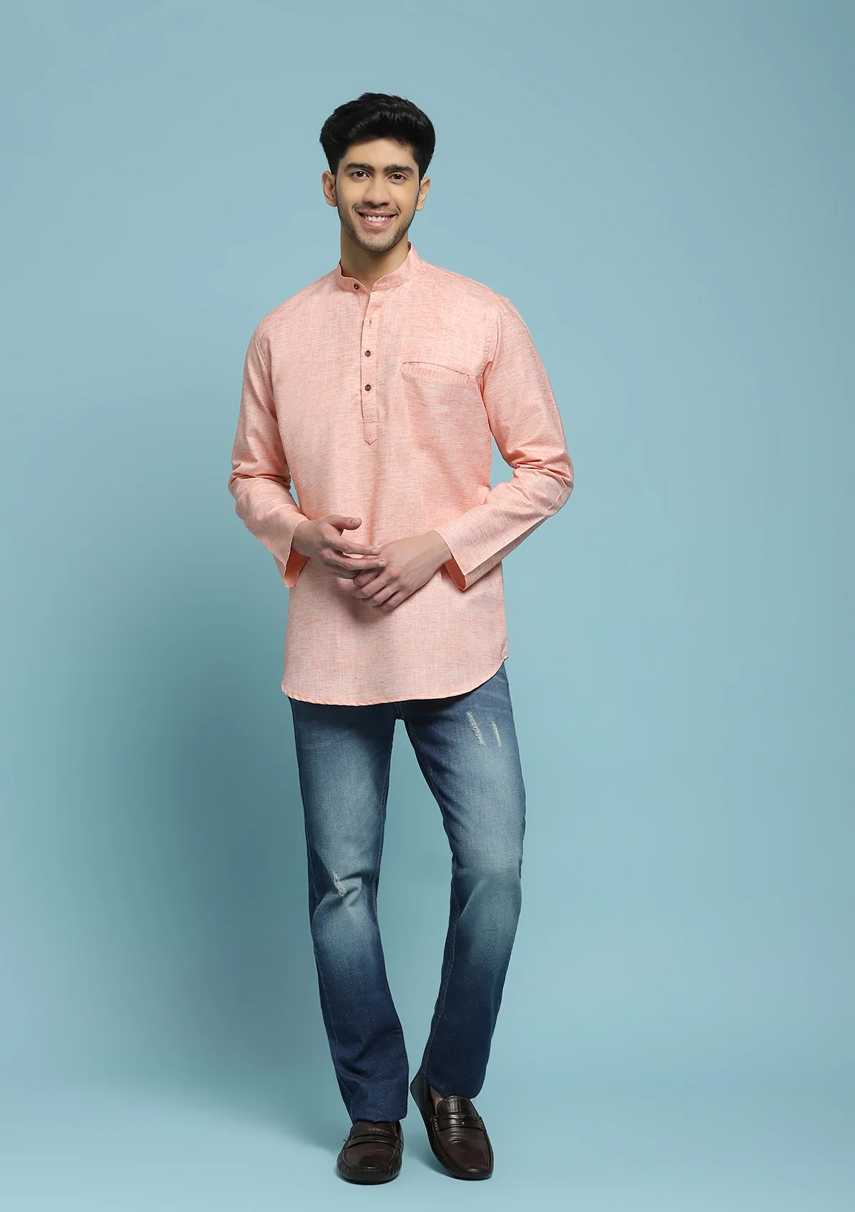HOC Poly Cotton Solid Men's Short Kurta - Peach - Image 3