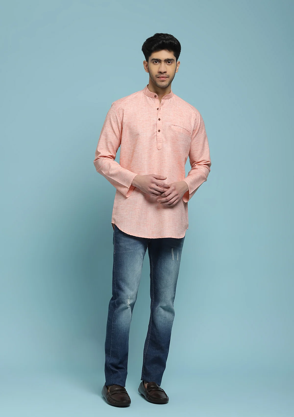 HOC Poly Cotton Solid Men's Short Kurta - Peach - Image 4