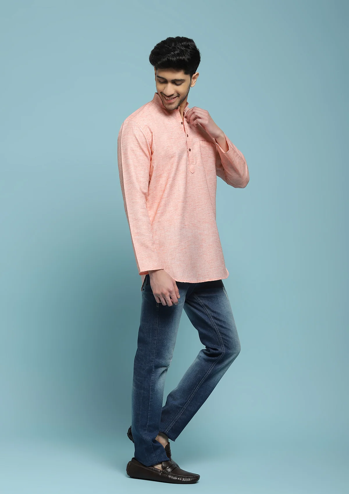 HOC Poly Cotton Solid Men's Short Kurta - Peach - Image 5