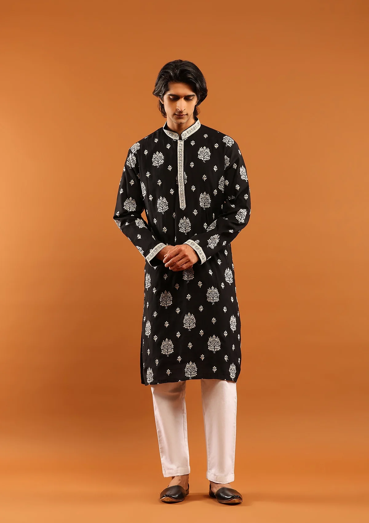 HOC Poly Silk Zari Embroidered Solid Men's Long Kurta- Black