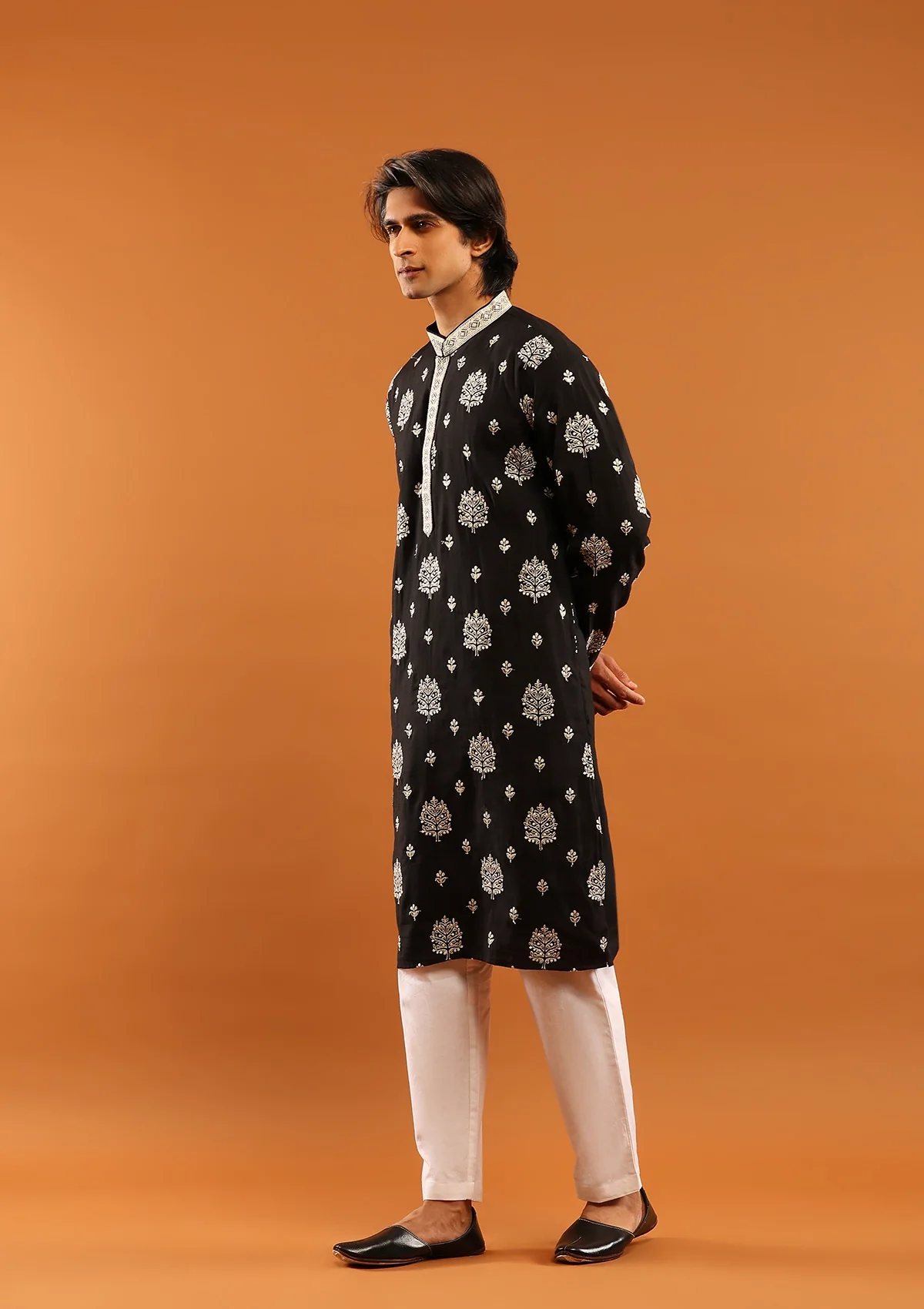 HOC Poly Silk Zari Embroidered Solid Men's Long Kurta- Black - Image 2