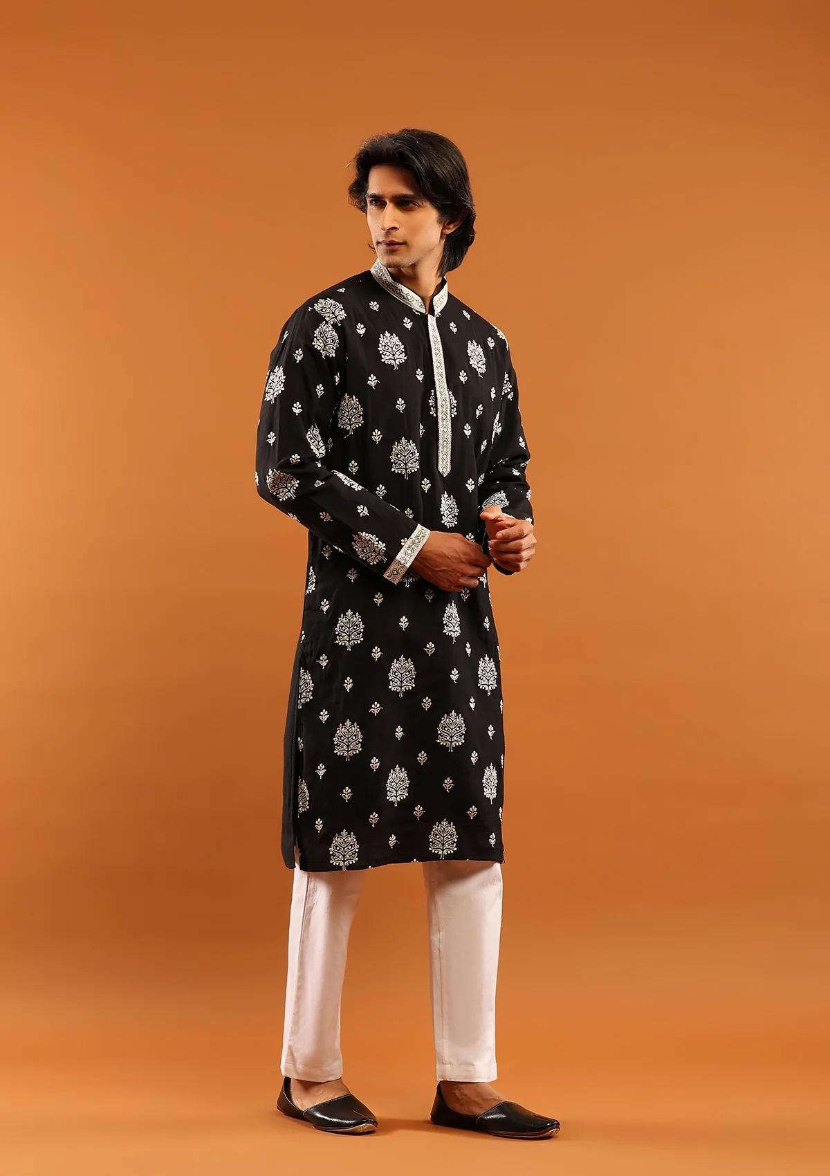 HOC Poly Silk Zari Embroidered Solid Men's Long Kurta- Black - Image 3