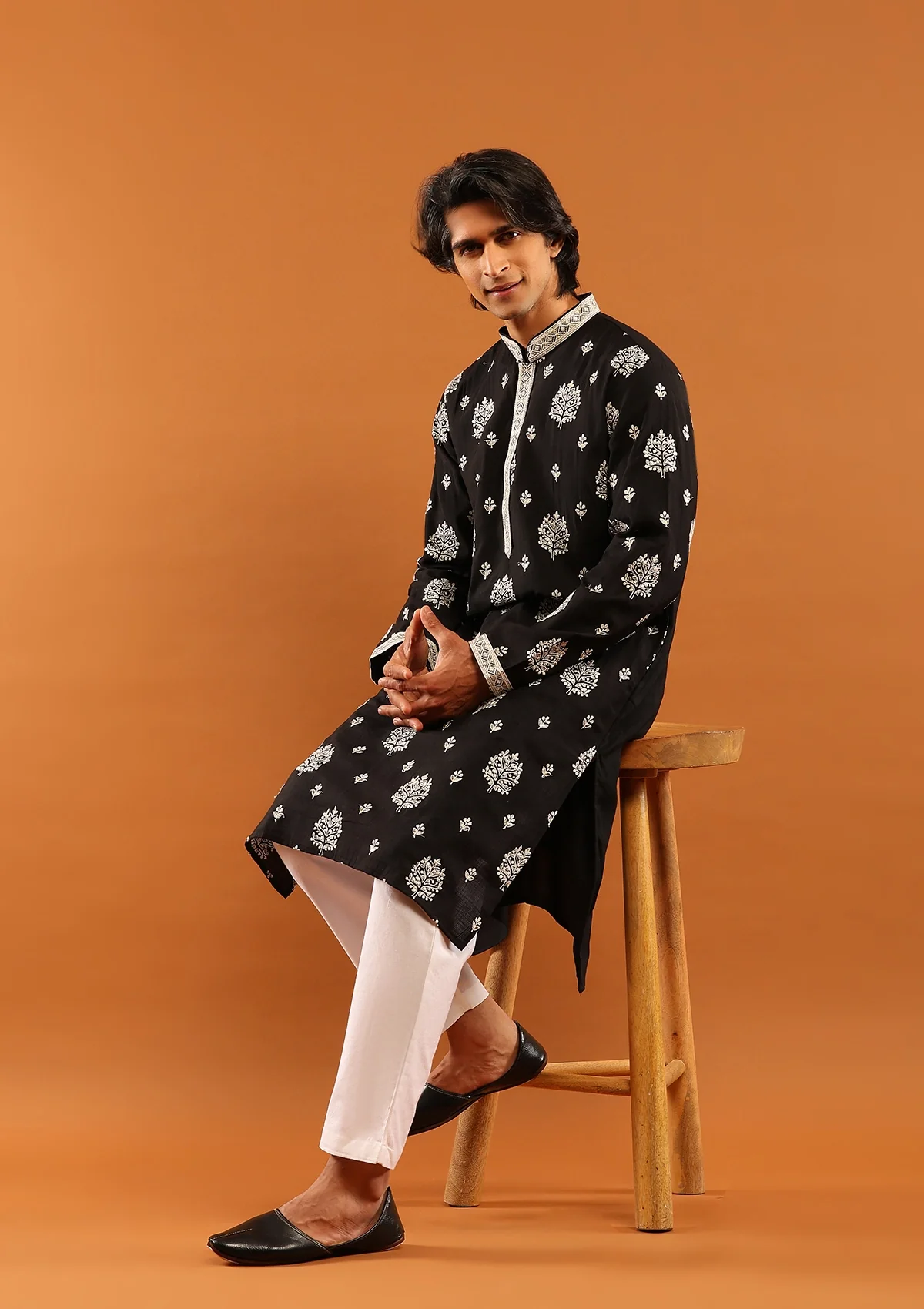 HOC Poly Silk Zari Embroidered Solid Men's Long Kurta- Black - Image 4
