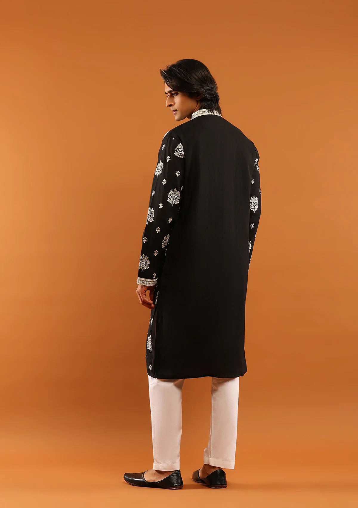HOC Poly Silk Zari Embroidered Solid Men's Long Kurta- Black - Image 5