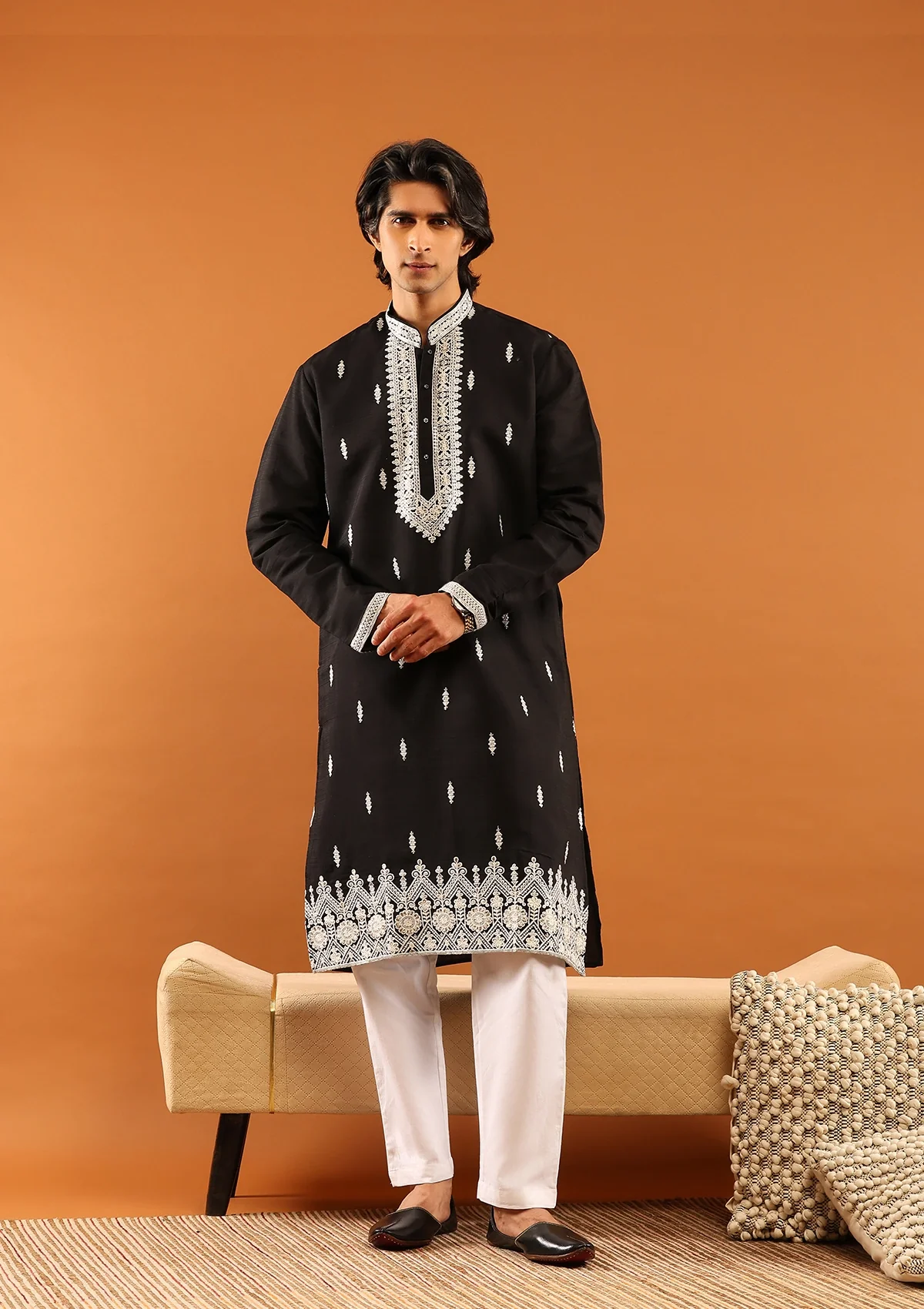 HOC Poly Silk Zari Embroidered With Sequins Solid Men's Long Kurta- Black