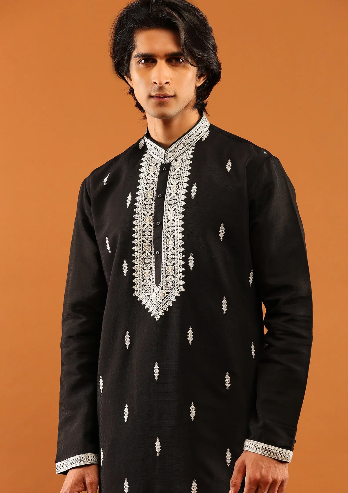 HOC Poly Silk Zari Embroidered With Sequins Solid Men's Long Kurta- Black - Image 2