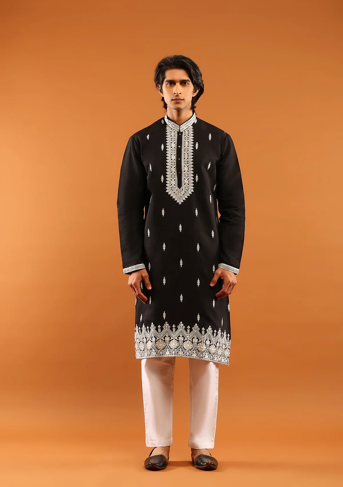 HOC Poly Silk Zari Embroidered With Sequins Solid Men's Long Kurta- Black - Image 3