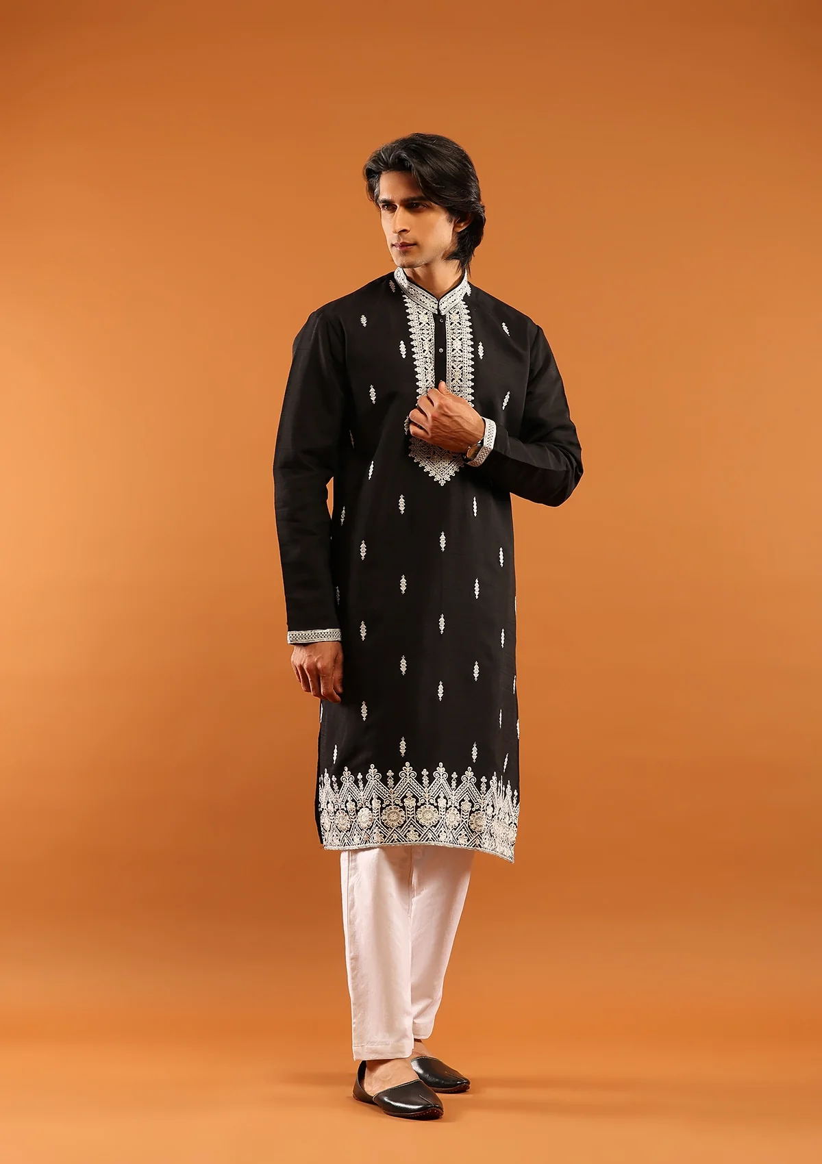 HOC Poly Silk Zari Embroidered With Sequins Solid Men's Long Kurta- Black - Image 4