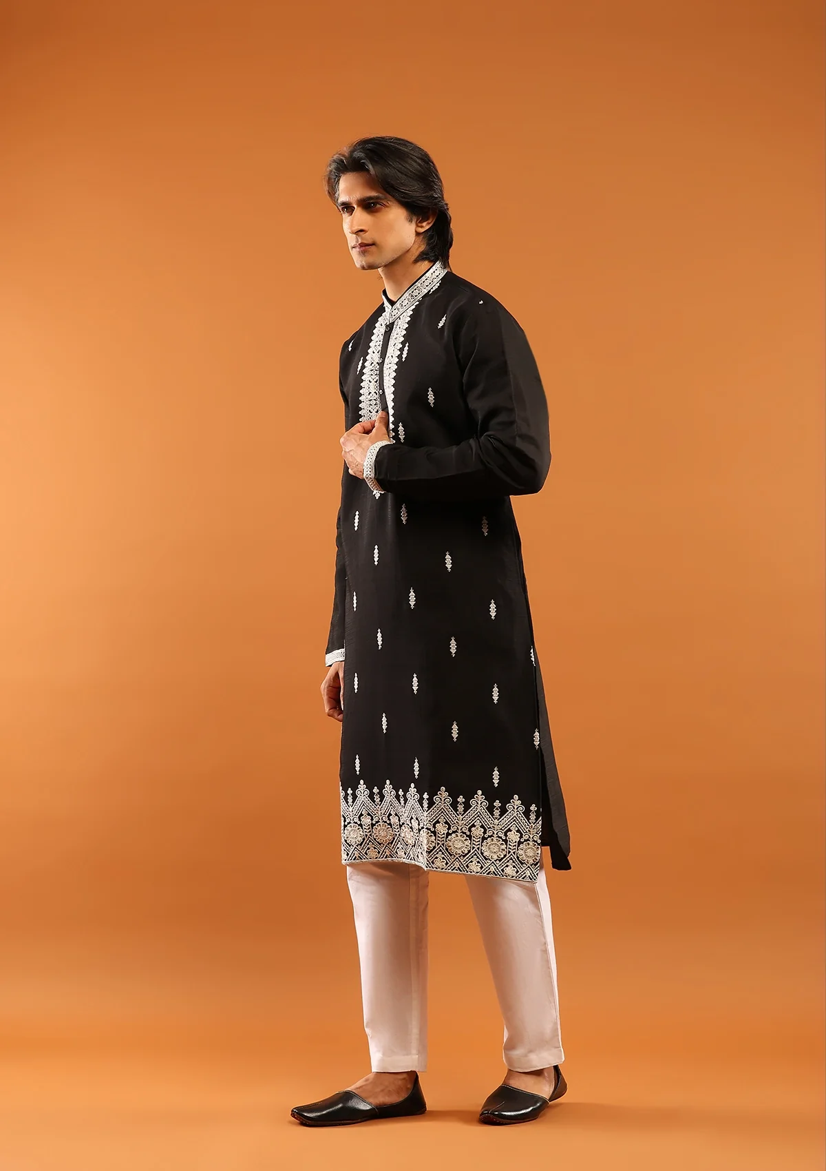HOC Poly Silk Zari Embroidered With Sequins Solid Men's Long Kurta- Black - Image 5