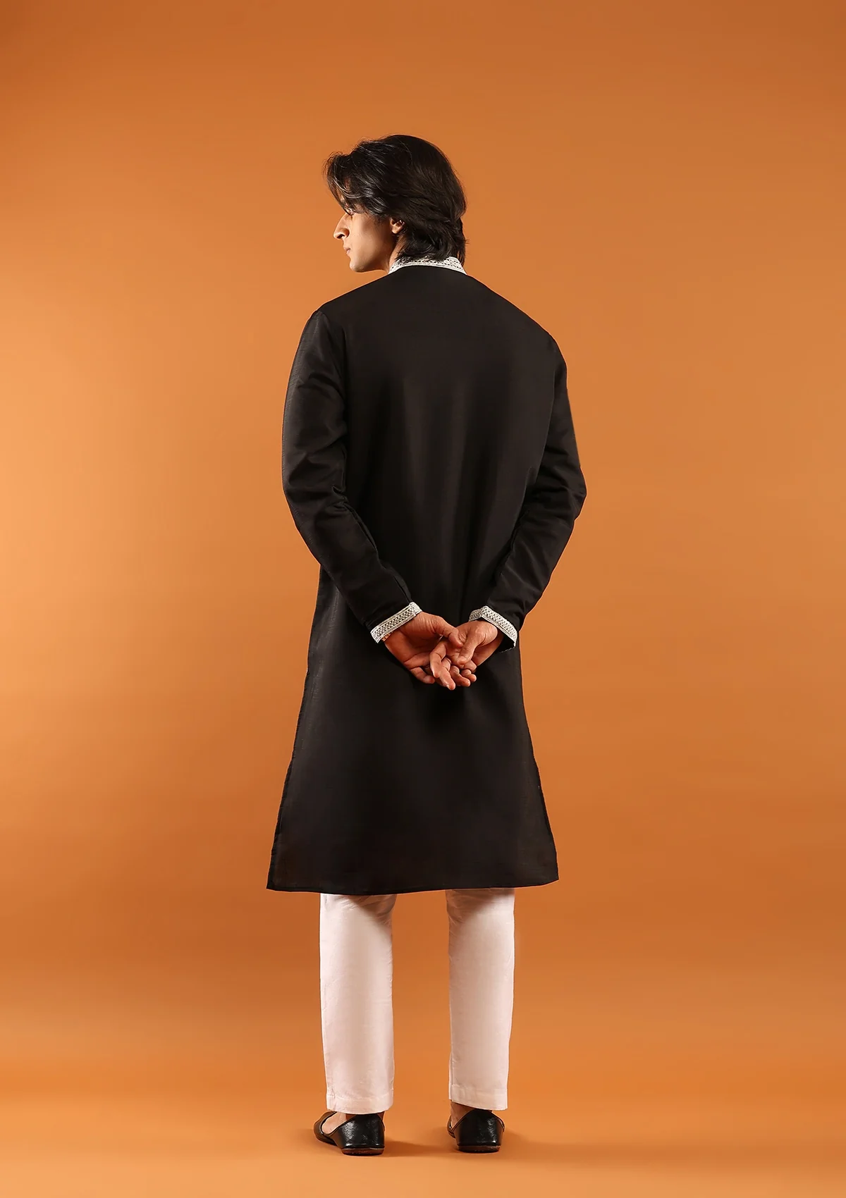 HOC Poly Silk Zari Embroidered With Sequins Solid Men's Long Kurta- Black - Image 6
