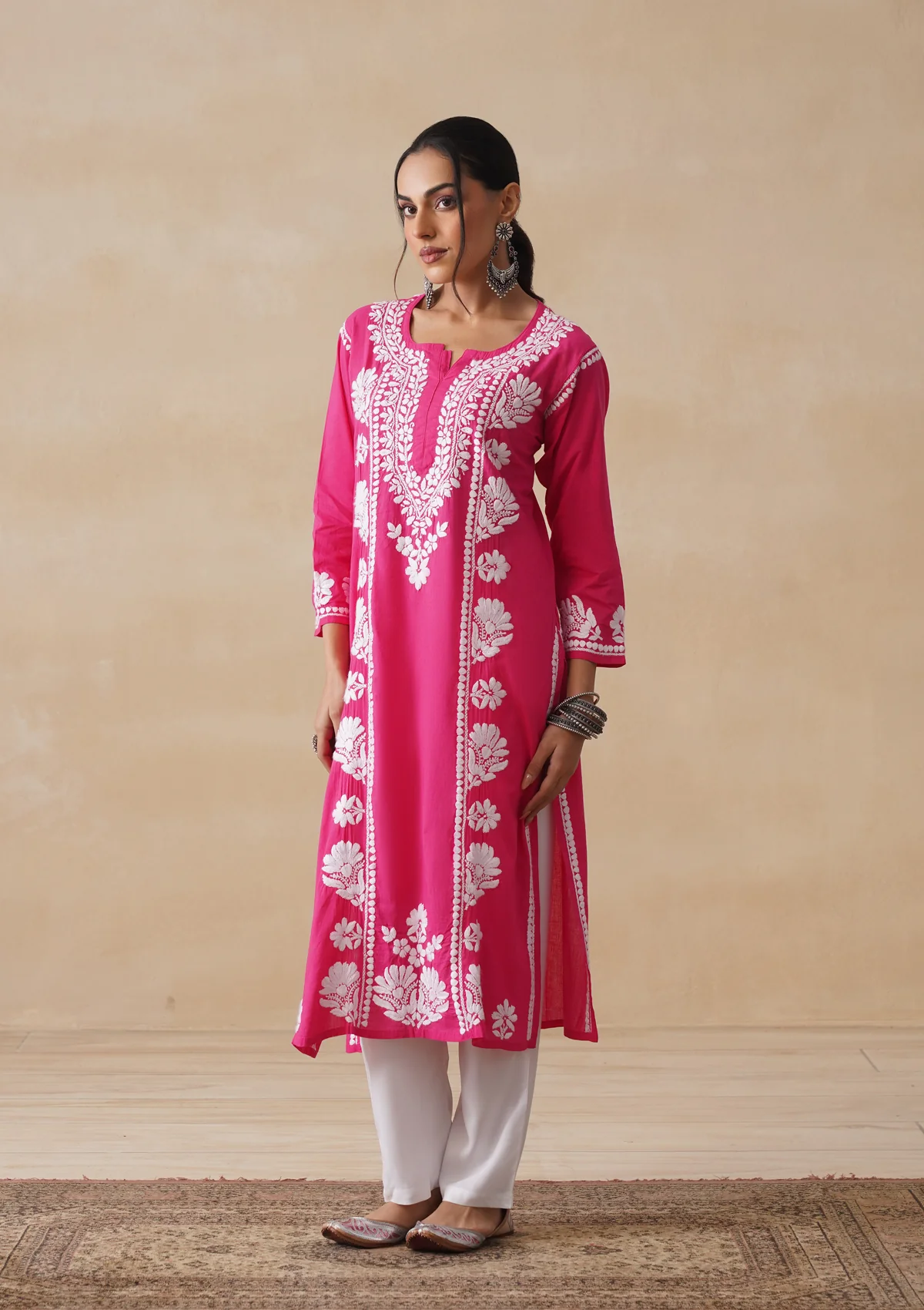 Pure Cotton Chikankari Solid Women's Long Kurta-Fuschia