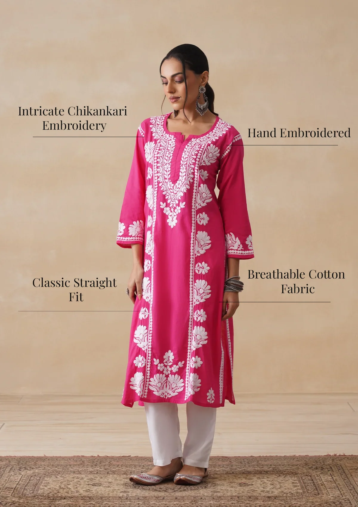 Pure Cotton Chikankari Solid Women's Long Kurta-Fuschia - Image 10