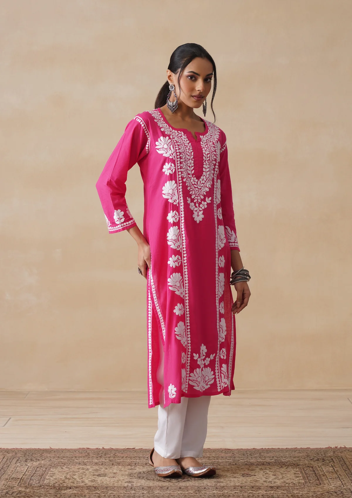 Pure Cotton Chikankari Solid Women's Long Kurta-Fuschia - Image 3