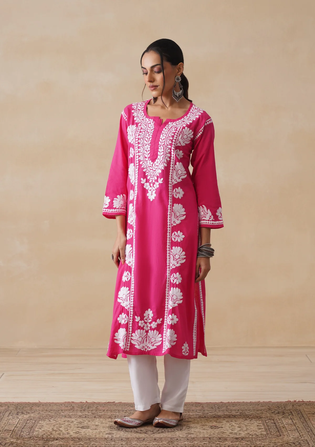 Pure Cotton Chikankari Solid Women's Long Kurta-Fuschia - Image 4