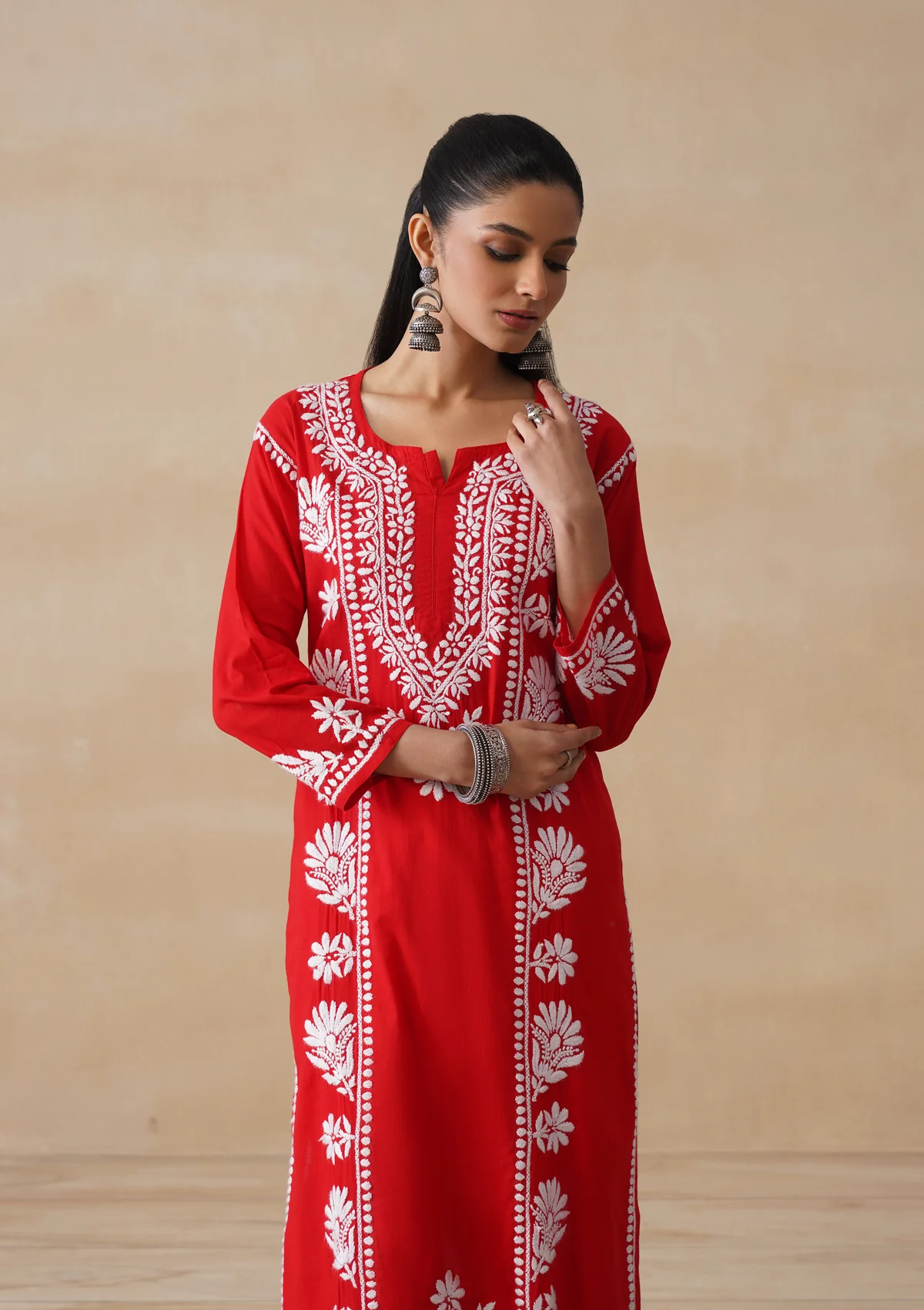 Pure Cotton Chikankari Solid Women's Long Kurta-Red - Image 2