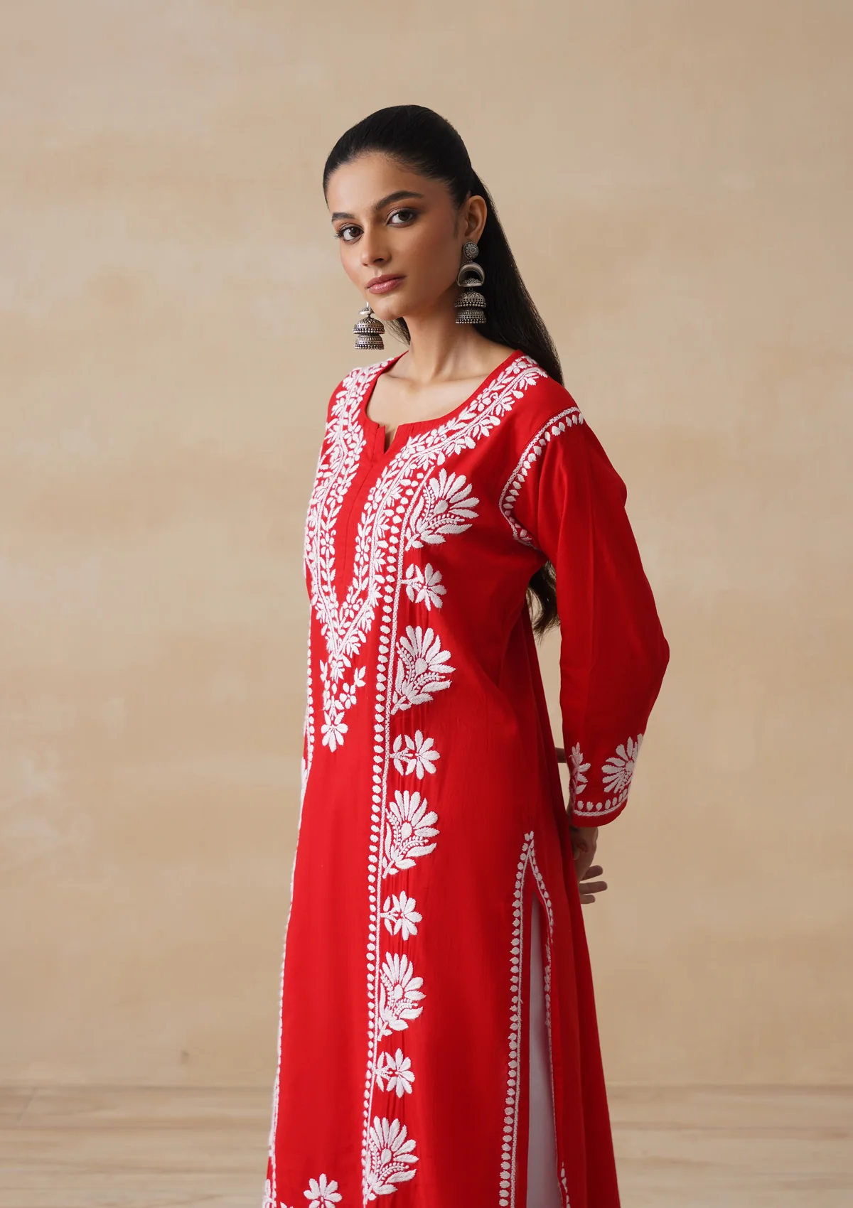 Pure Cotton Chikankari Solid Women's Long Kurta-Red - Image 7