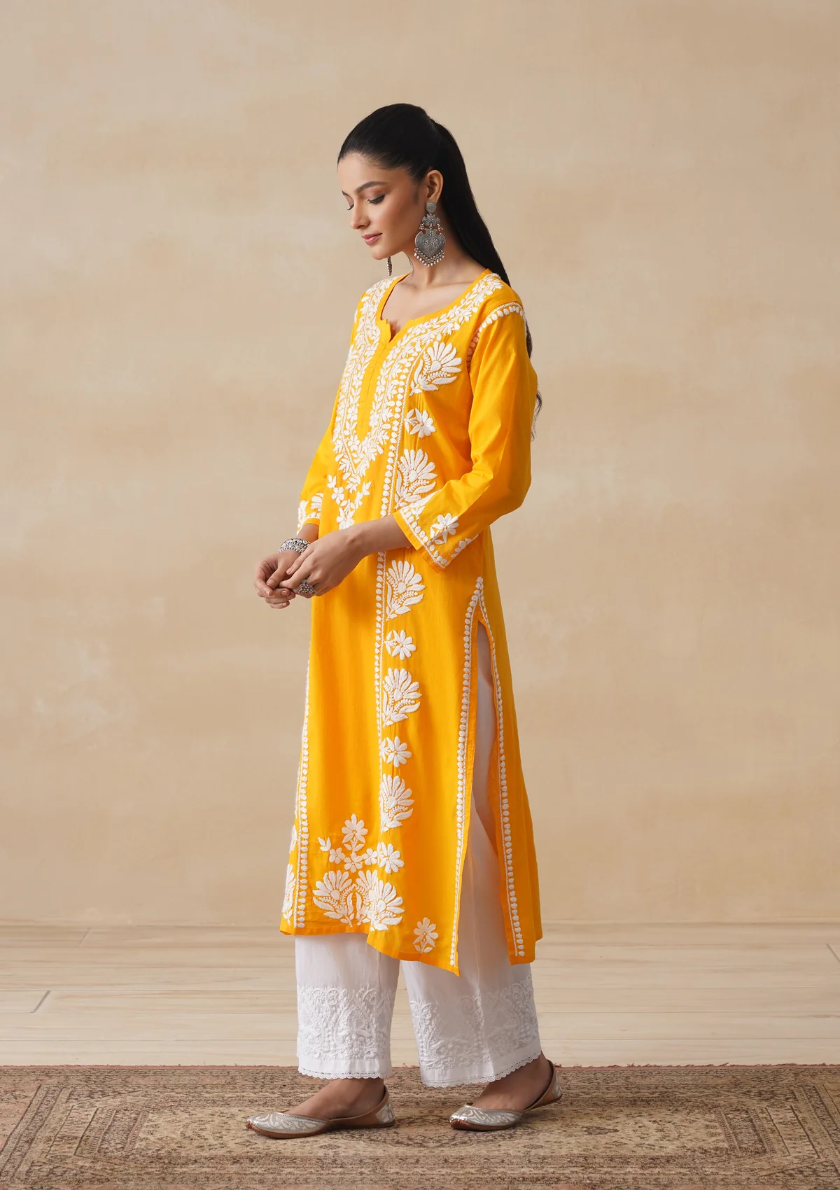 Pure Cotton Chikankari Solid Women's Long Kurta-Yellow - Image 3