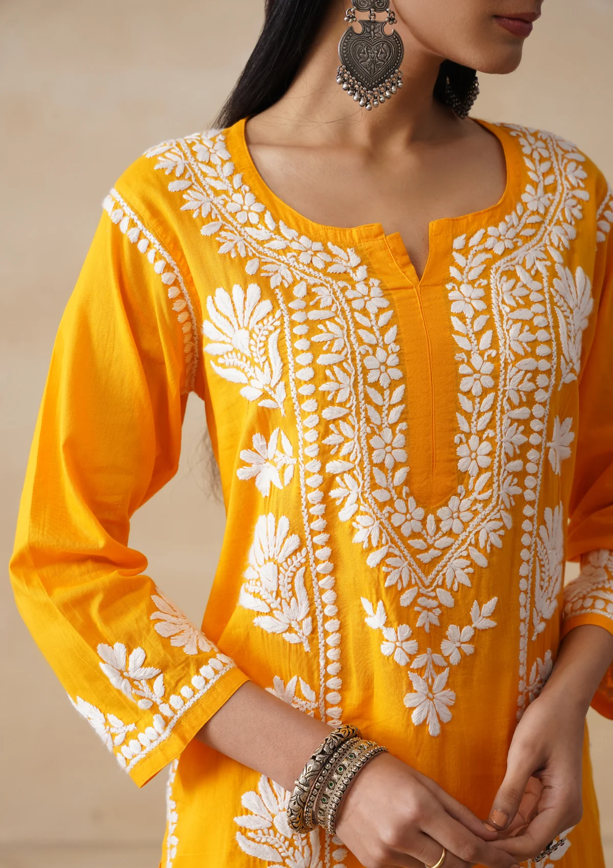 Pure Cotton Chikankari Solid Women's Long Kurta-Yellow - Image 4
