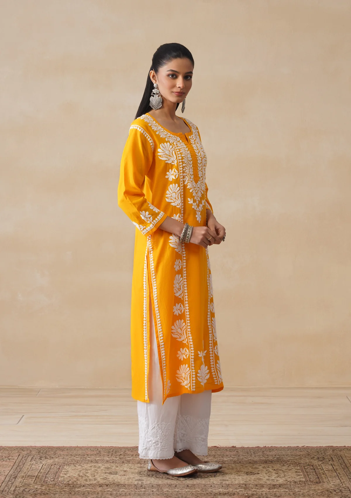Pure Cotton Chikankari Solid Women's Long Kurta-Yellow - Image 6