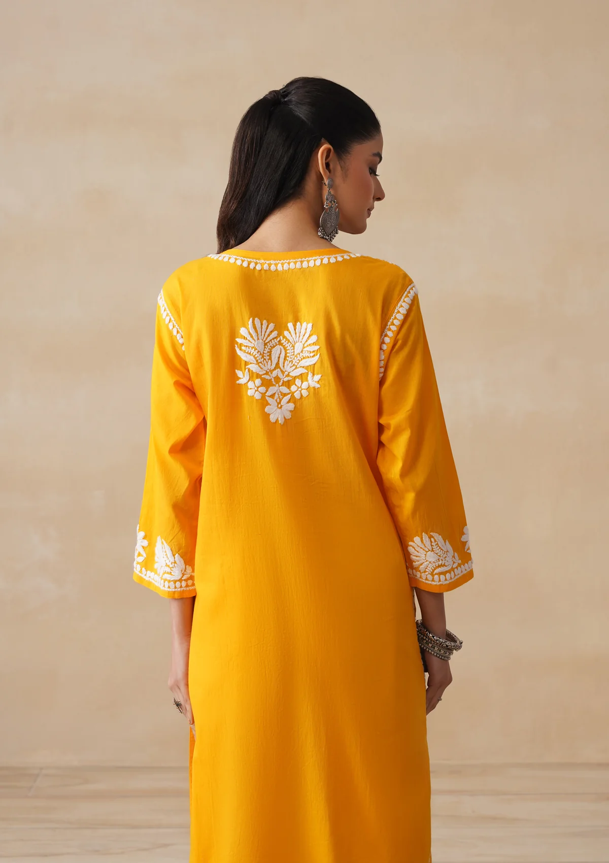 Pure Cotton Chikankari Solid Women's Long Kurta-Yellow - Image 8